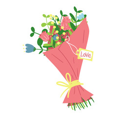 A pink bouquet of flowers. Vector bouquet with daisies, roses of pink, yellow, blue flowers isolated on a white background. Flowers in a package for the holiday of March 8, Valentine's Day, birthday