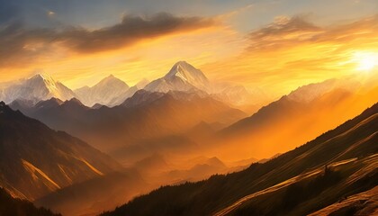 painting of panoramic view of great himalayan range at sunset with the mountains glowing in the warm light of the setting sun - obrazy, fototapety, plakaty