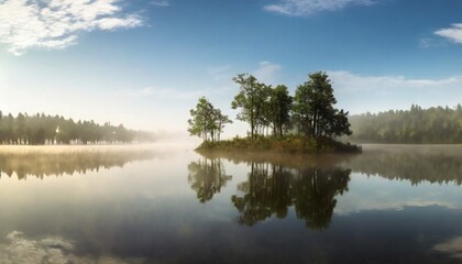 trees reflection at lake foggy morning