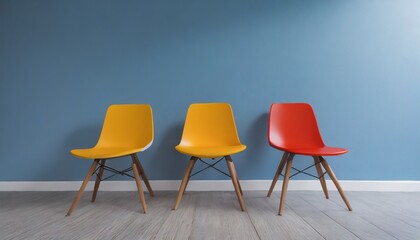 a row of three yellow grey red and orange chairs against a blue wall they are all the same style with simple modern lines beautiful combination of bright colors 