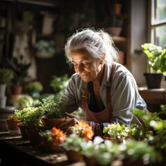 Grandmother plants flowers in a warm and cozy environment. Concept: leisure time of a retired pensioner, growing plants and flowers in pots and garden.