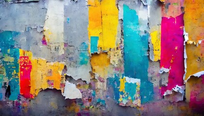 torn ripped aged colorful paper posters urban street gray wall surface grunge rough dirty background distress texture for mixed media collage