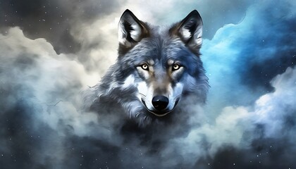 wolf head and smoky cloud wide panoramic view artistic work