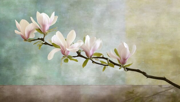 magnolia branch on a textured background pastel colors and black accents photo wallpaper in a room or home interior