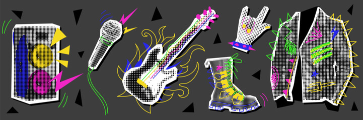 A set of rocker objects collage in the style of grunge pop art. Jacket, guitar, microphone, hand, shoe, speakers. Black and white dots with colored inserts. It looks like a clipping from a magazine
