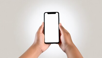 adult hands holding smartphone blank touch screen isolated on background