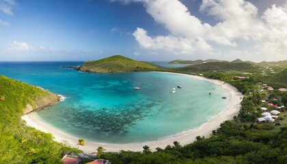 caribbean grenadines mayreau tropical island beach panoramic aerial view of salt whistle bay - obrazy, fototapety, plakaty