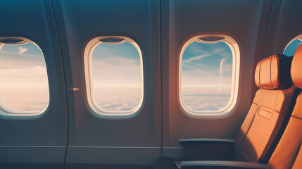 A view of the inside of an airplane with the windows open and the seat facing the ocean and the sky