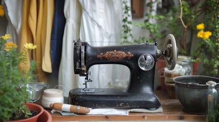 A vintage sewing machine humming to life, its needle dancing across delicate fabric, creating garments imbued with the soul of the maker,