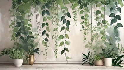 art drawing of topical plants tree leaves lianas in pastel style photo wallpaper in the interior - obrazy, fototapety, plakaty