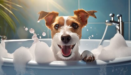 joyful terrier dog in bathtub full of soap foam  - obrazy, fototapety, plakaty