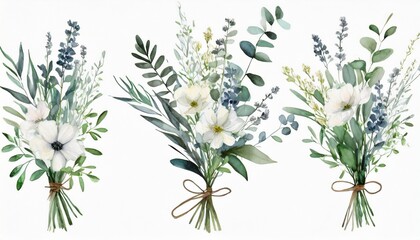 Fototapeta na wymiar white watercolor arrangements with flowers set bundle bouquets with wildflowers leaves branches botanical illustration