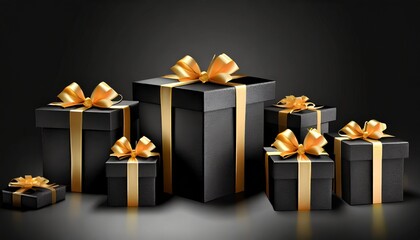 a group of different sizes and shapes of black gift boxes with bows on a black backgroundwell lit illustration