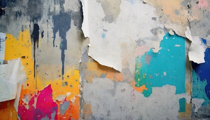 torn ripped aged colorful paper posters urban street gray wall surface grunge rough dirty background distress texture for mixed media collage