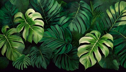 tropics art painted leaves on a dark background texture picture murals in the interior - obrazy, fototapety, plakaty