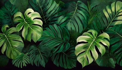 Fotobehang tropics art painted leaves on a dark background texture picture murals in the interior © Lucia