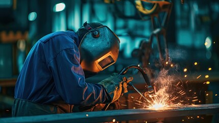 Male welder in welder's helmet welding parts