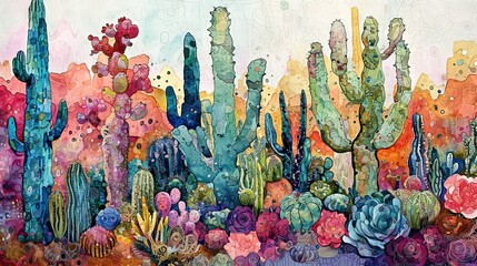 cactuses in arizona desert mosaic watercolor - AI Generated Abstract Art
