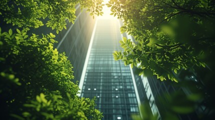 Sustainable glass office building with tree for reducing carbon dioxide. Green environment. Eco-friendly. Oxygen.