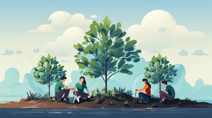 A man and a woman plant trees in the forest and clearings to restore nature. Concept: the activities of eco activists to restore vegetation by volunteers