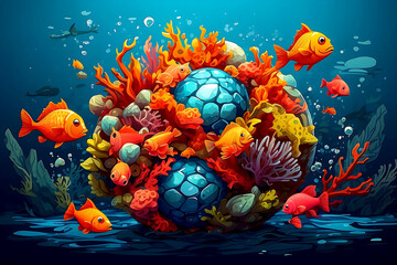 Obraz na płótnie Canvas Cartoonish sphere fish eating and blowing up under the sea, vector style drawing realistic.