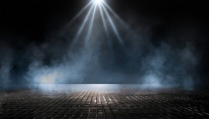 dark stage shows studio room dark scene neon light and spotlights black diamond plate texture iron sheet floor and smoke floating up the interior surface for display products - obrazy, fototapety, plakaty