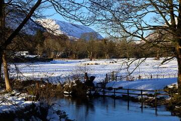 Grasmere Winter. Sheep flock together for food in a snow covered field by the village of Grasmere.