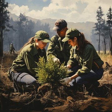 A group of volunteers is planting trees in forests and meadows to restore nature. Concept: the activities of eco-activists to restore vegetation
