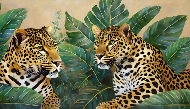 leopards in tropical leaves art drawing in the style of oil paints on a textured background photo wallpaper