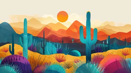 Papier Peint photo Montagnes colorfull arizona desert with cactus, mountains and sun - AI Generated Abstract Art