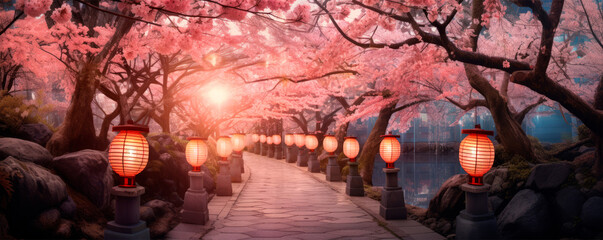 Romantic background with serene stone path with cherry blossoms and glowing lanterns in a row....