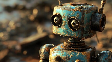 A weathered robot, its metallic shell scarred and dented, yet its eyes ablaze with curiosity, a veteran of countless adventures. - obrazy, fototapety, plakaty