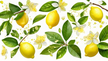 big vector set of lemon branch flower green leaves fruit and splashing juice arrangements