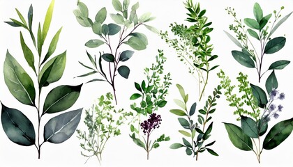 set watercolor arrangements with garden herbs collection leaves branches botanic illustration isolated on white background - obrazy, fototapety, plakaty