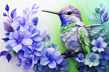 Painting of a Hummingbird Sitting on a Branch With Purple Flowers. Generative AI.