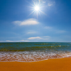 summer sandy emerald sea beach at sunny day, summer sea vacation scene
