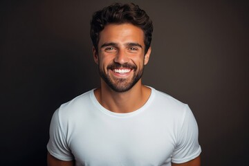 Man with snow-white smile with beautiful straight teeth, studio shooting