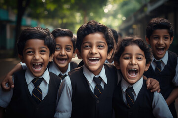 A group of smiling school students wearing uniforms - obrazy, fototapety, plakaty