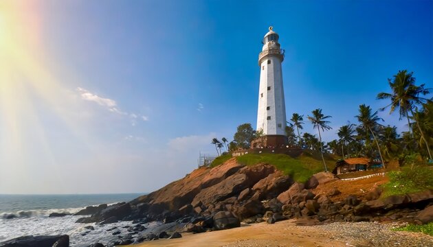 lighthouse on the cliff in kovalam beach