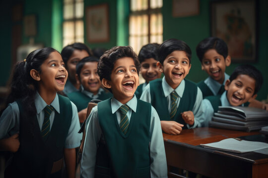 A group of smiling school students wearing uniforms