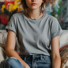Grey T-shirt Mockup, Woman, Girl, Female, Model, Wearing a Grey Tee Shirt and Blue Jeans, Fitted Blank Shirt Template, Sitting on a Couch in a Room with Plants, Painting on Background, Close-up View