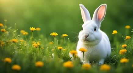 Cute fluffy rabbit on grass with yellow flowers