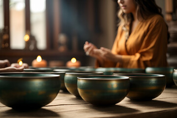 Sound Healing  Singing ritual meditation bowls with a background of a temple, a meditating girl and candles - obrazy, fototapety, plakaty