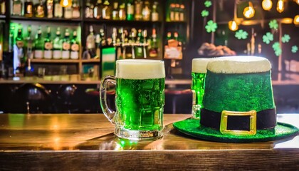 mugs of green beer ale on the bar counter holiday of ireland on st patrick s day in irish pub bar festive leprikon s green hat national tradition of carnival celebrating march 17 - obrazy, fototapety, plakaty