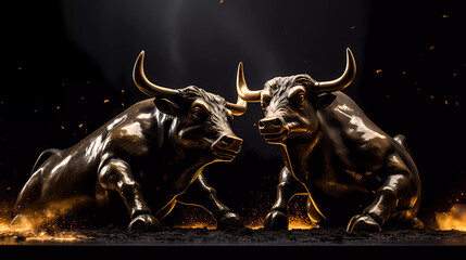 Two bulls are facing each other in front of a bar chart with gold bars on it and a black background