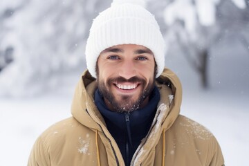 Man smiling with beautiful straight teeth, it's snowing on top, snowy background - obrazy, fototapety, plakaty