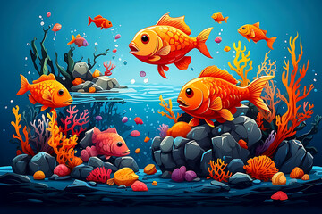 Naklejka premium Cartoonish sphere fish eating and blowing up under the sea, vector style drawing realistic.