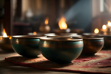 Sound Healing  Singing ritual meditation bowls with a background of a temple, a meditating girl and...