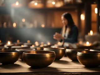Foto op Canvas Sound Healing  Singing ritual meditation bowls with a background of a temple, a meditating girl and candles © Anna