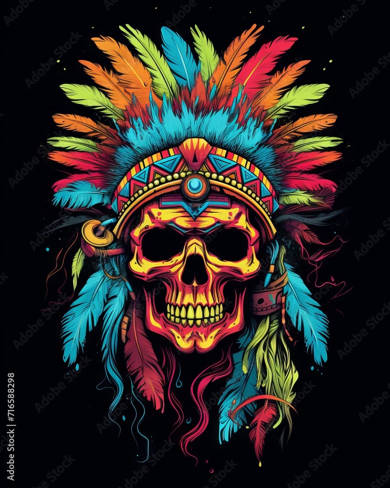 Sticker Psychedelic t-shirt design with a colorful skull and feathers, digital art in vivid colors